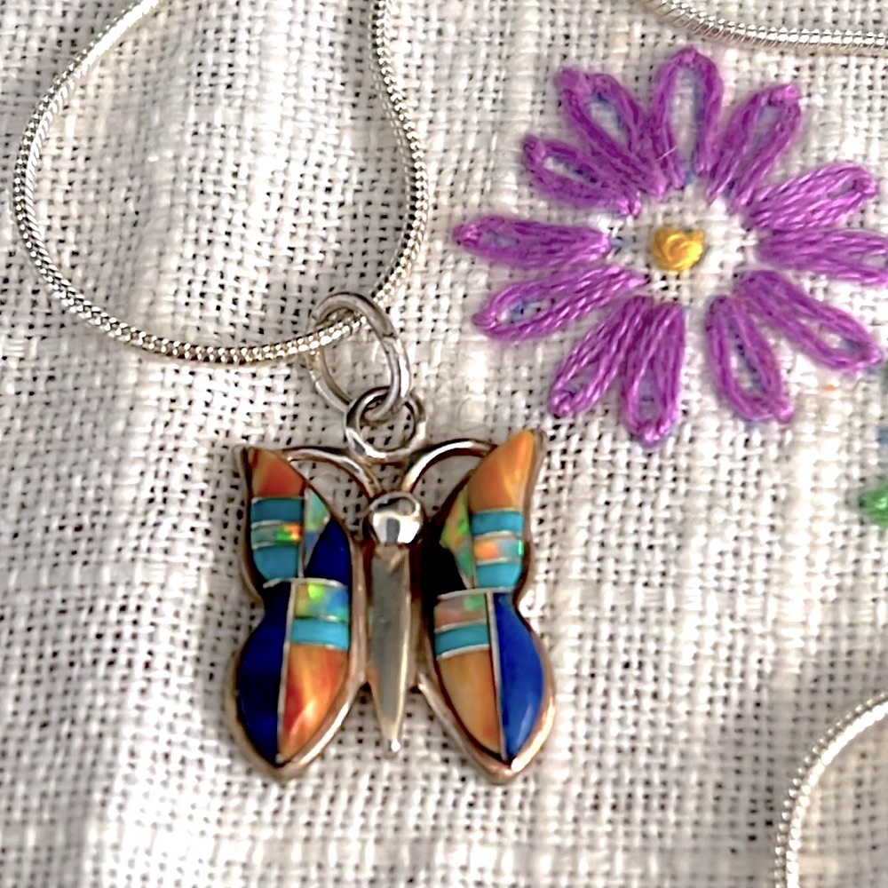 Vintage Zuni Inlay Butterfly Necklace